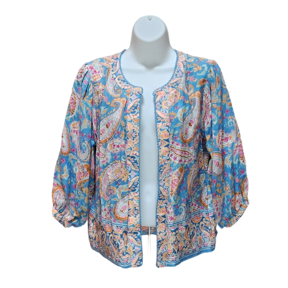 Democracy Open Front Boho Woven Jacket Reversible Paisley Print Blouson Sleeve S